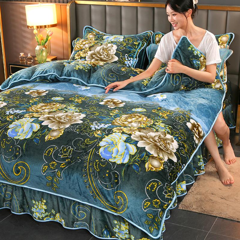 Winter Milk Velvet Bed Skirt Style Coral Fleece Bedding Set