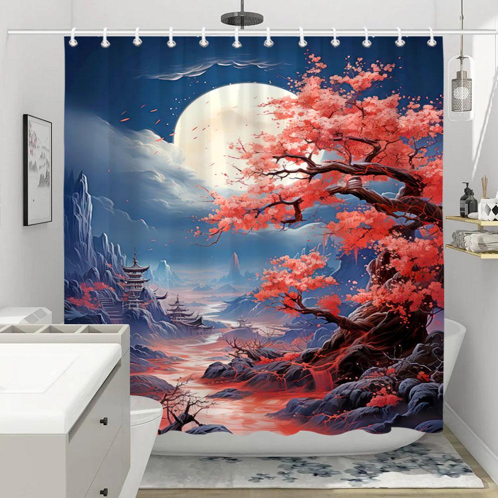 Shower Curtain Red Plum Blossom Branch Japanese Chinese Oriental Sun Misty Mountains Ink Nature Landscape Bathroom Curtains