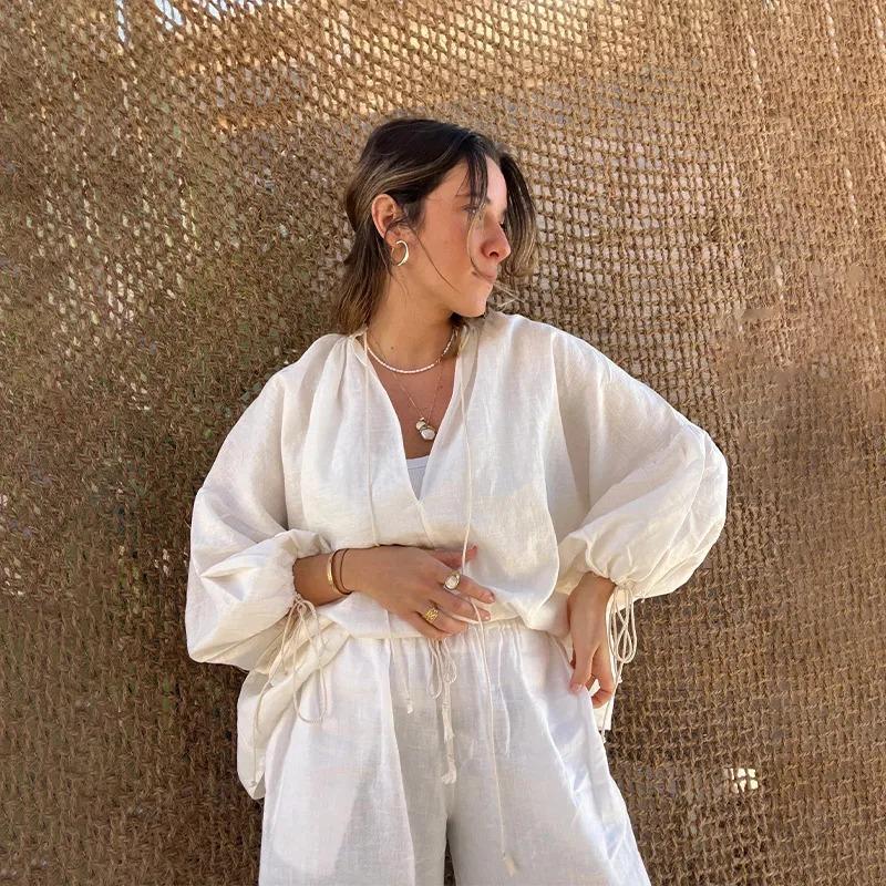 Women Casual Cotton Linen Ruffle Shorts Suits Long Sleeve Drawstring Linen Pullover 2 Ps Set Summer Ladies Beach Outfit Blouse