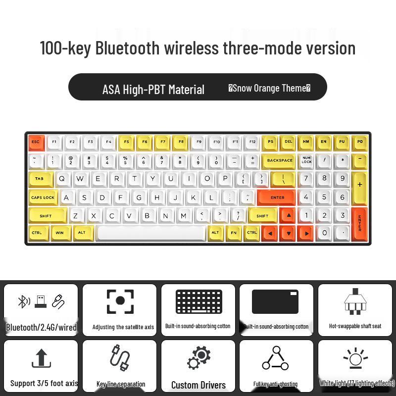 Wireless Bluetooth Mechanical Keyboard - 100-Key, Three-Mode, Compact Design, Office Customizable, Hot-Swappable Switches