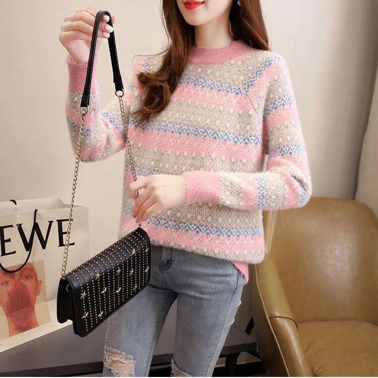 New Imitation Mink Fur Sweater for High School Girls and Students Semi High Neck Korean Version Pullover Lazy Style