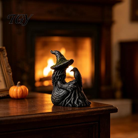 Mossy Ancient Tree Witch Crow Statue Luminous & Raven Figurine with Texture, Resin Gothic No Installation Required Decor LED Light for Halloween Home