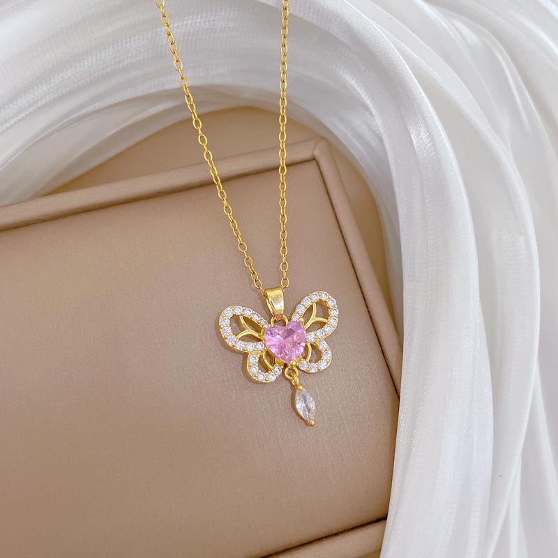 Titanium Steel, Empty Butterfly Tassel Light Luxury Temperament Gorgeous Full Diamond Necklace Women'S Versatile Collarbone Chain Titanium Steel Chain