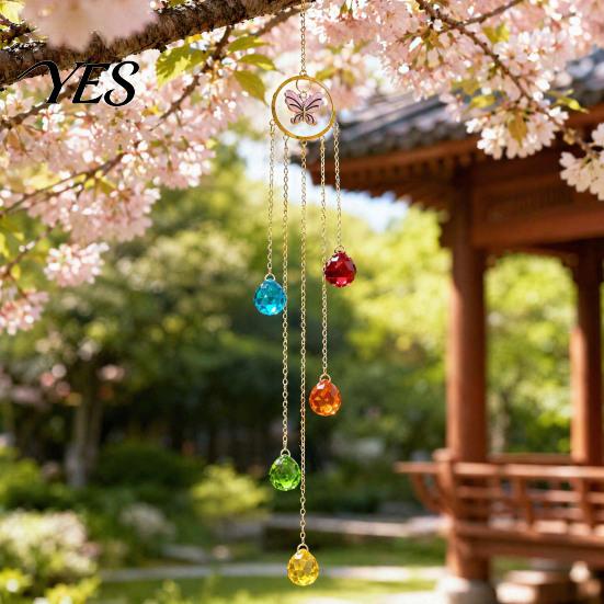 Colorful Light Projector Wind Chime Sun Catcher, 7-Color AB Crystal Balls & Beads, Crystals Ball Prisms Suncatcher, Garden Hanging Ornament