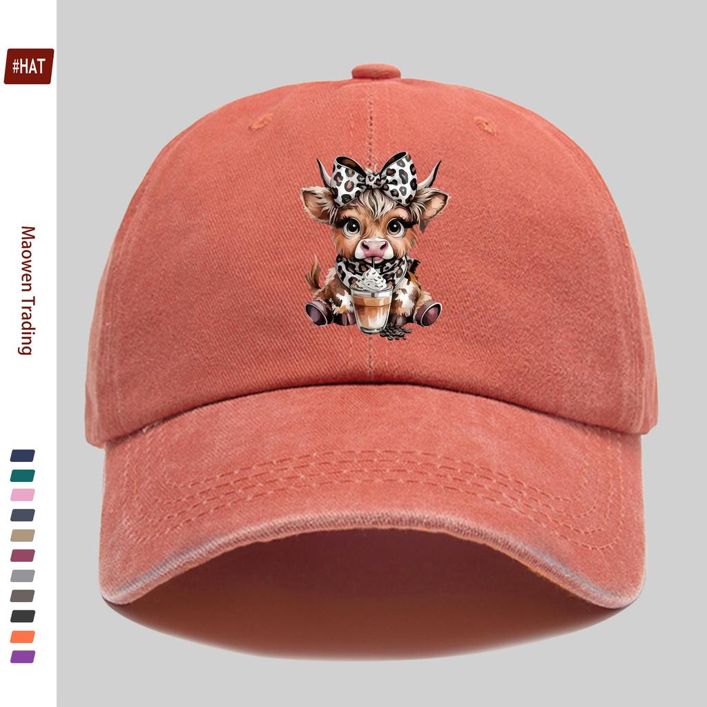 PC Niedliche Hochlandkuh Leopardenmuster Schleife Kaffee-Print Baseballkappe Einfache Dekorative Mütze für Lässige Reisende Mehrere Farben A