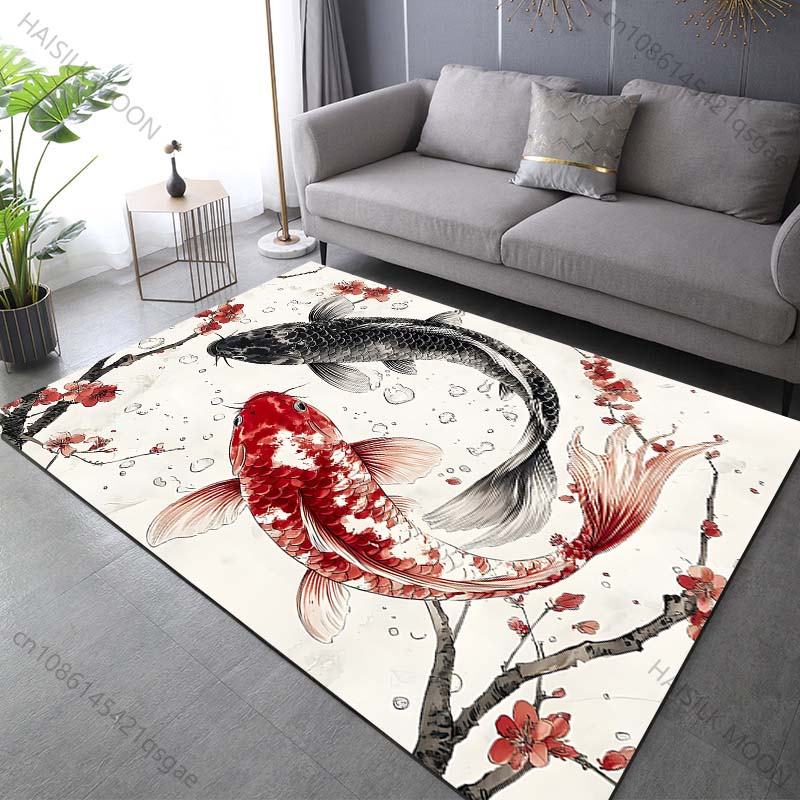 Multiple sizes Red and black koi with blossoms Carpet for Living Room Bedroom Sofa Home Decor Rug Non-slip Floor Mat Luxury Gift