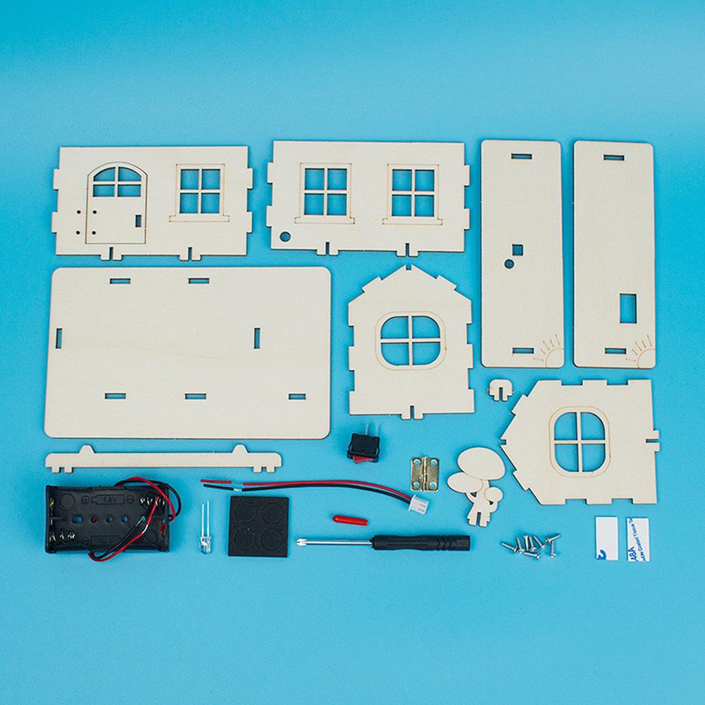 Child DIY Handmade Wooden Cabin Assembly Building Model Toy Set with Light Science Invention Experiment Material Kids Toys