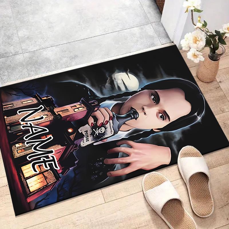 Custom Addams Family Wednesday Mat Personalized Name, Polyester Washable Indoor Entryway Rug, Gift for Christmas, Easter, Thanksgiving Day