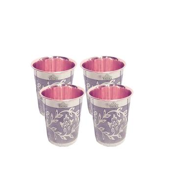 Set of 4 Etching Embossed Design Steel Copper Glass Tumbler Cup, Drinkware Serveware, Health Benefits Ayurveda Yoga