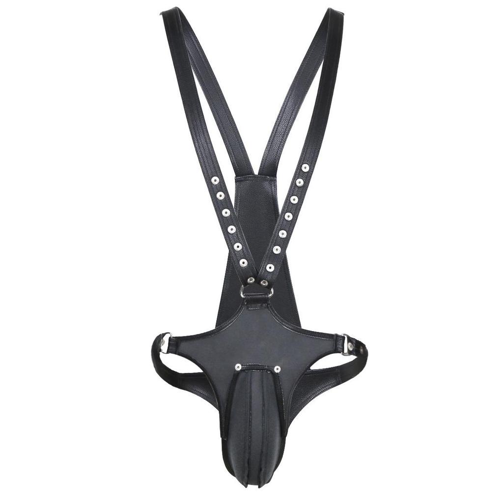 Men's SM Leather Double Shoulder Strap Pants with Erotic Birdcage Restraint