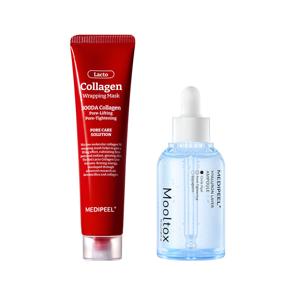 MEDIPEEL Red Lacto Collagen Wrapping Mask 70ml and Hyaluron Layer Mooltox Ampoule 50ml Pore Firming Hydrating Glow Care Set