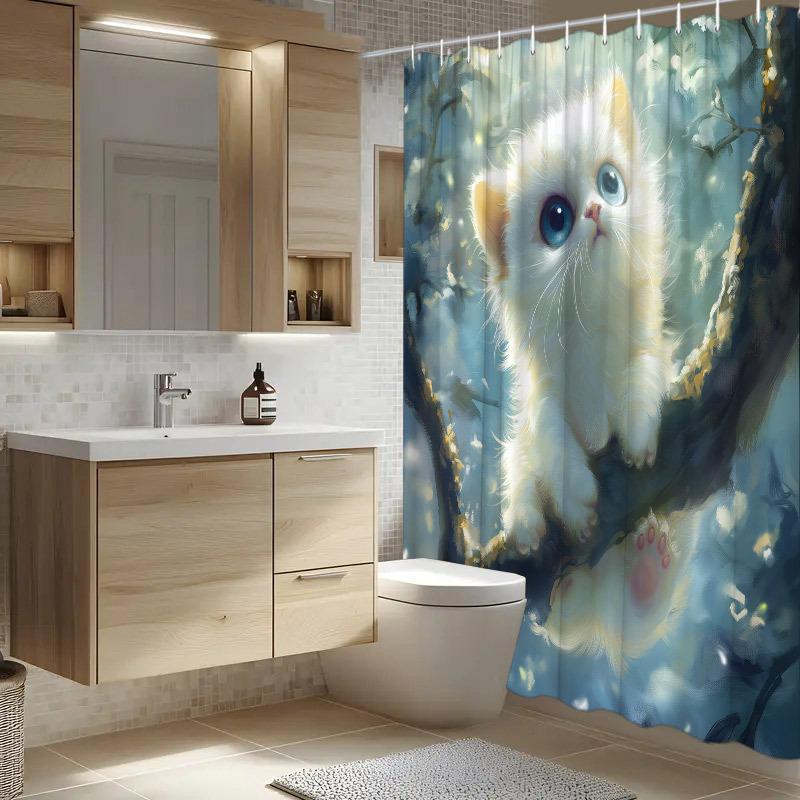 1Pc Fluffy White Kitten Shower Curtain - Branch, Blue Eyes, Dreamy Forest, 70.8X70.8", Polyester, Washable, 12 Hooks