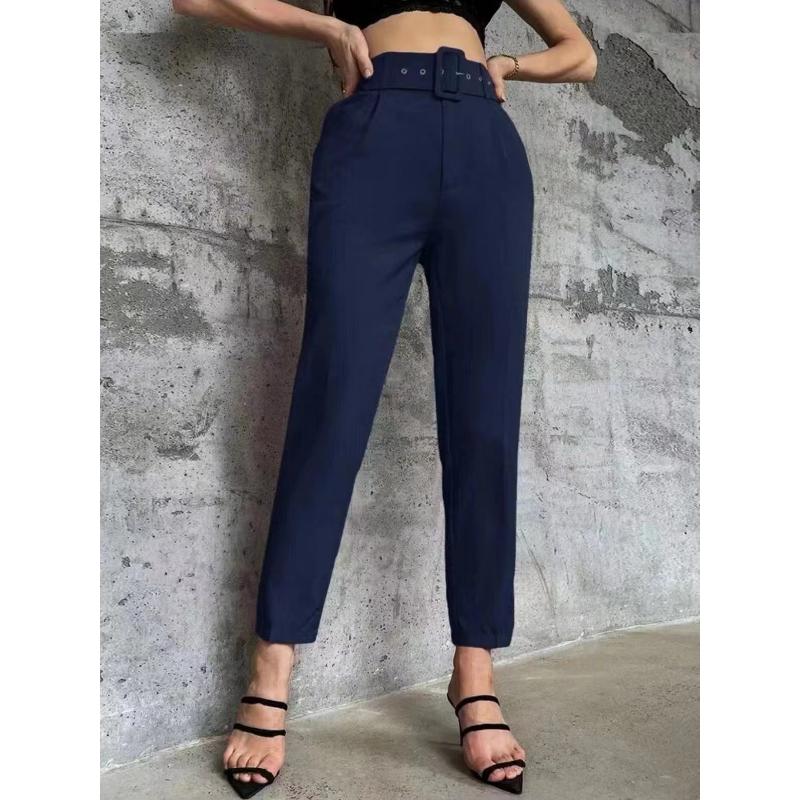New Women's Casual Pants, Slim Fit Straight Leg Stretch Trousers with Belted Waist, Solid Color Office Wear Cropped Pants