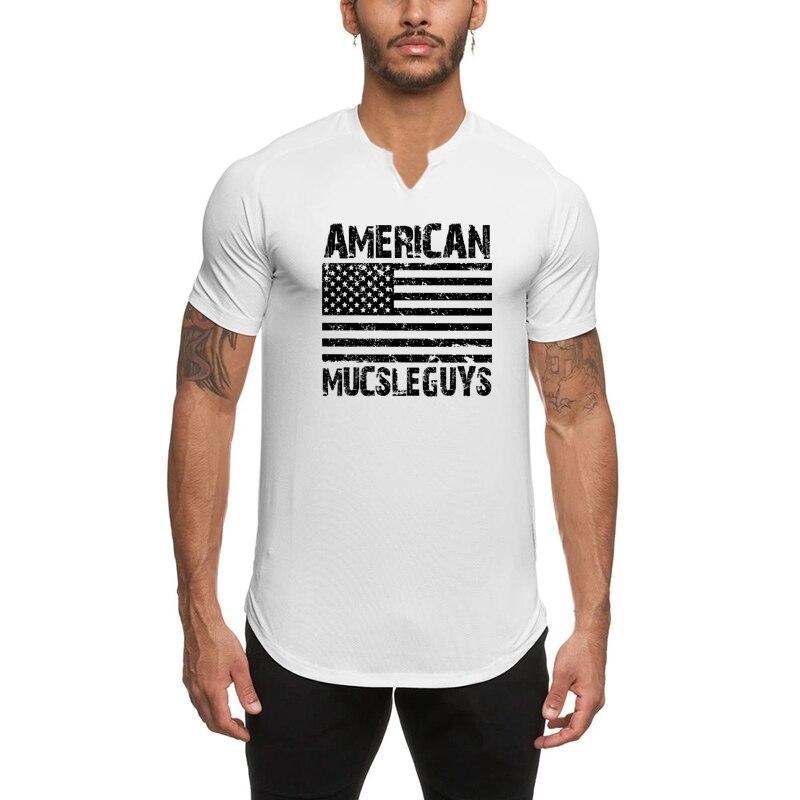 Muscleguys American Fitness Tricou cu Mânecă Scurtă Slim Fit pentru Sporturi în Aer Liber, Respirabil, Topuri cu Gât în V