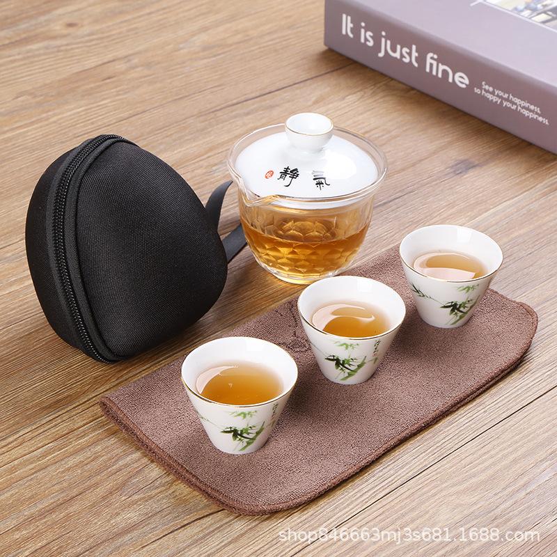 White Porcelain Kuaike Cup One Pot Three Cups Portable Travel Bag Tea Set Cup Bag Glass Fair Cup Ceramic Cover