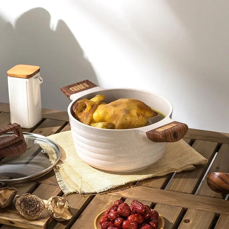 24cm Stew Pot With Lid Wooden Handle Soup Stock Pot Multicooker Kitchenware Multi-functional Double Ear Cooking Pots For Kitchen