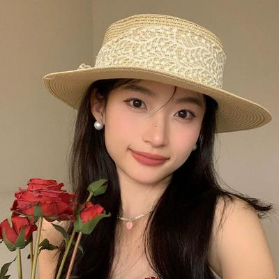 Small Fresh Pastoral Style Fashionable Versatile Flat-top Lace Sun Hat Women's Straw Weaving Travel Sun Hat Sun Protection Big Eaves
