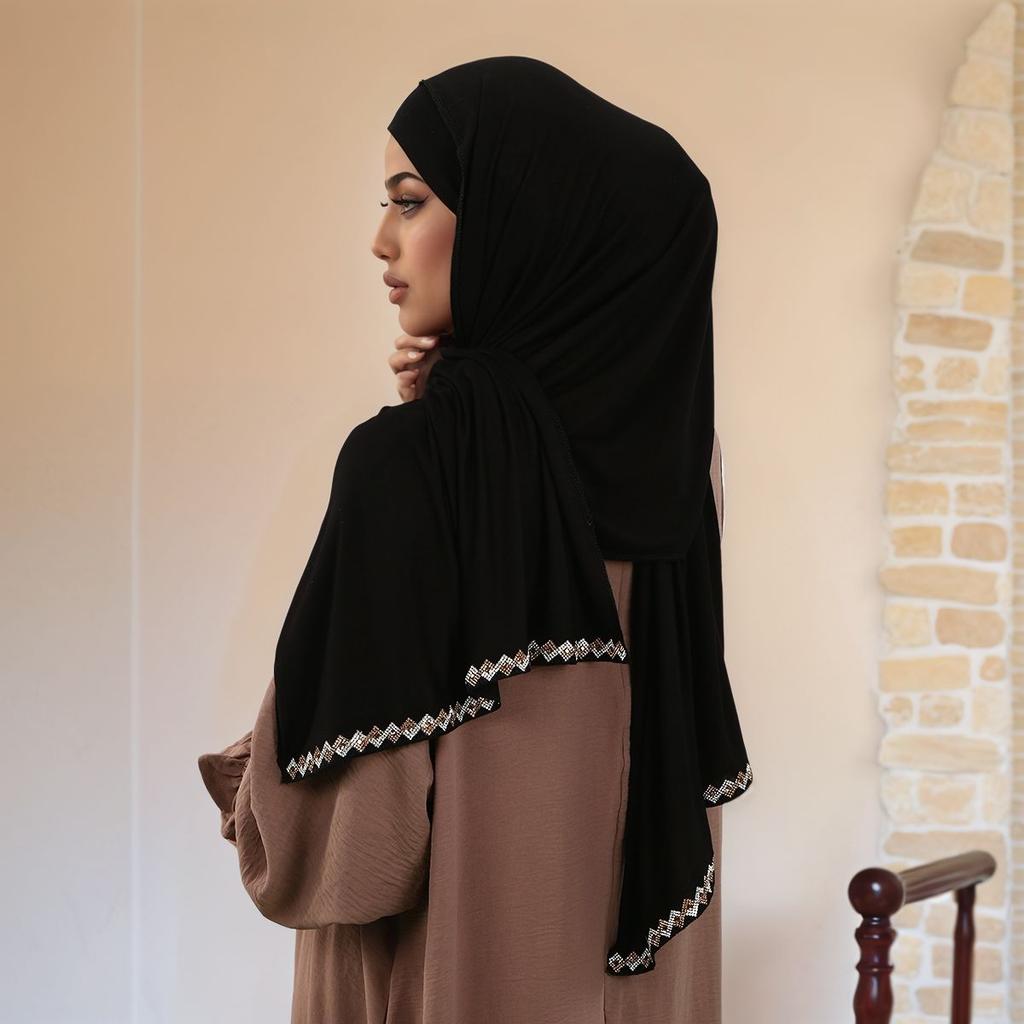 Ramadan Rhinestone Modal Cotton Jersey Hijabs For Woman Long Muslim Scarf Shawl Plain Soft Turban For Women Islamic Clothing