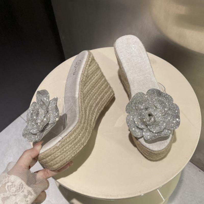 Cool slippers summer new one-word with transparent open-toed waterproof table slope heel outside wear muffin thick-soled slippers