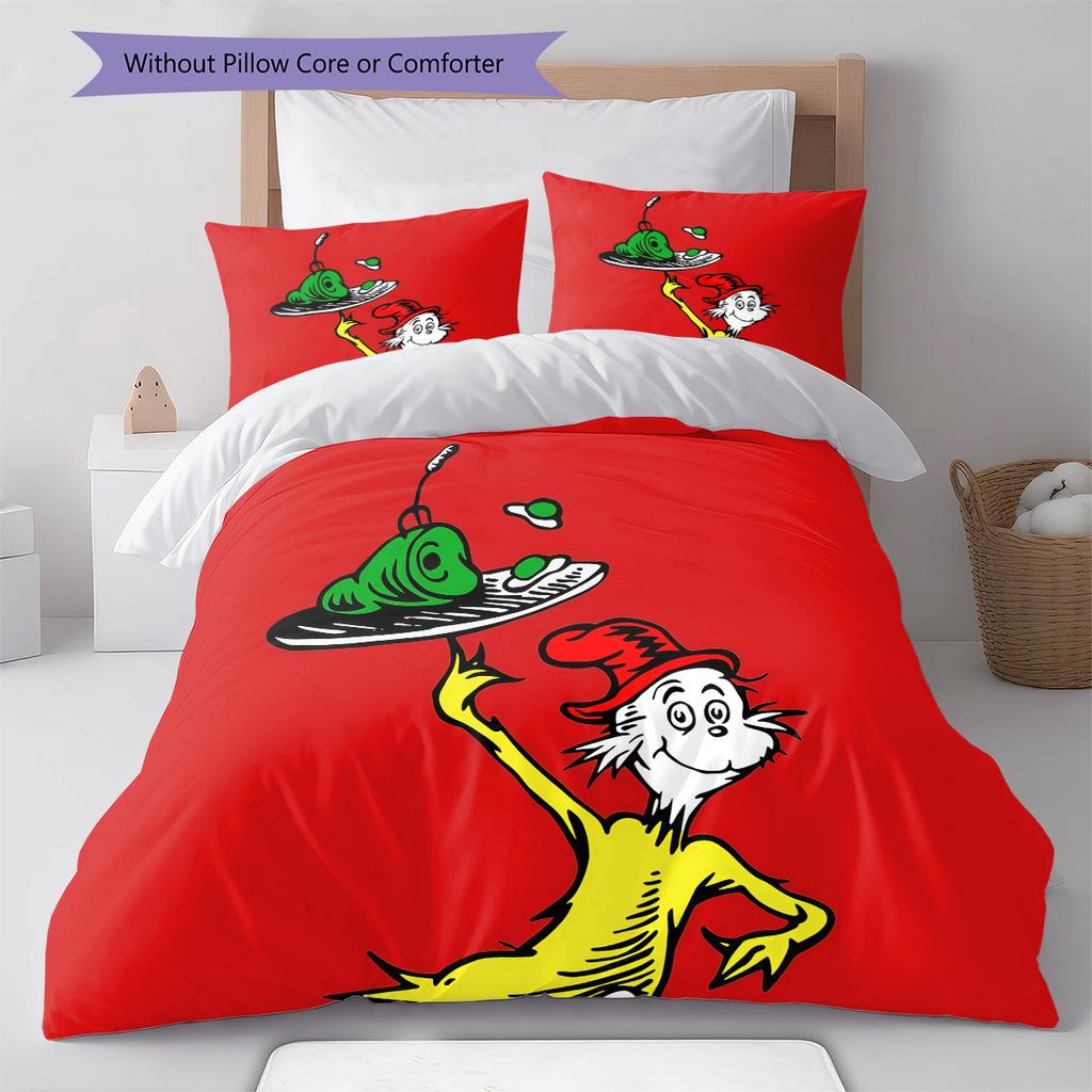 Green Eggs and Ham Pattern Bedding,Quilt Set Quilt Cover Pillowcase Home Birthday Gift (1 * duvet cover + 2 * pillowcase, without core)