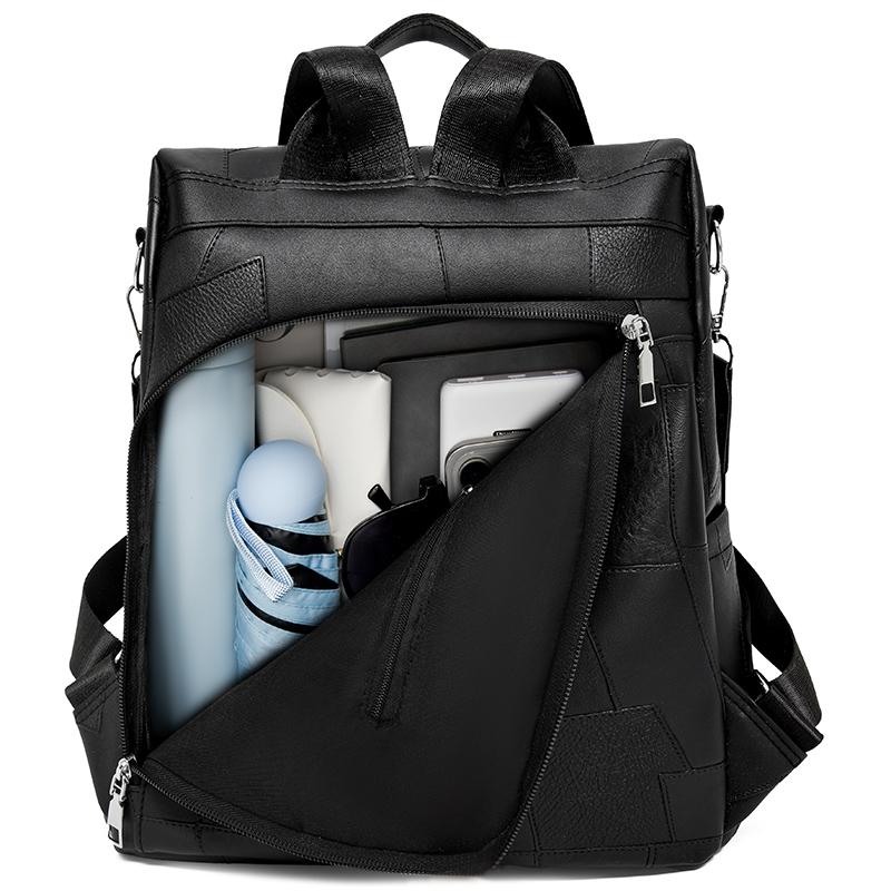Women's PU Backpack with Patchwork Design Large Capacity Shoulder Bag for Daily Travel