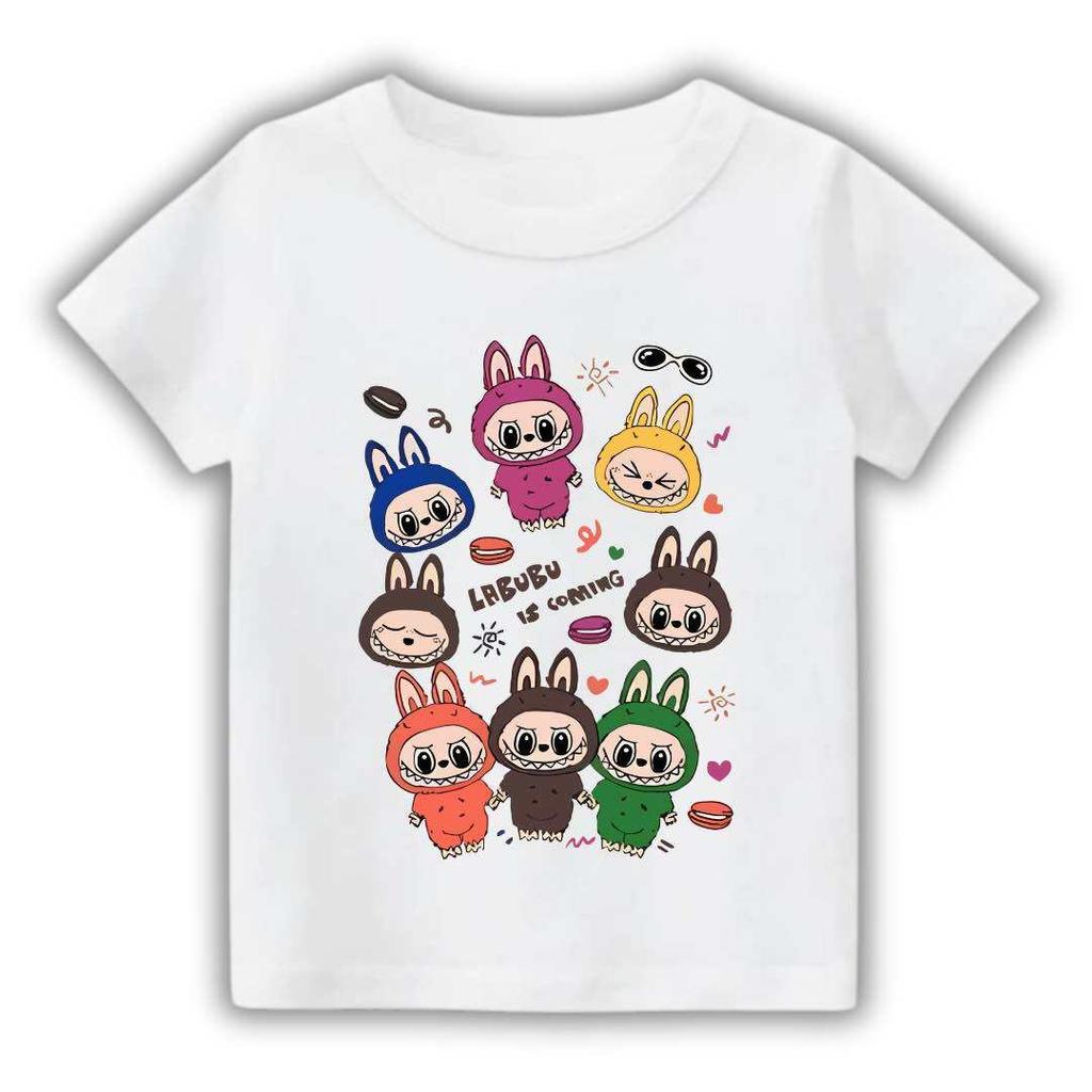 2025 New Children's T-shirt Cartoon Style Multiple LABUBU Printed Round Neck Short Sleeve Casual Girls' Top