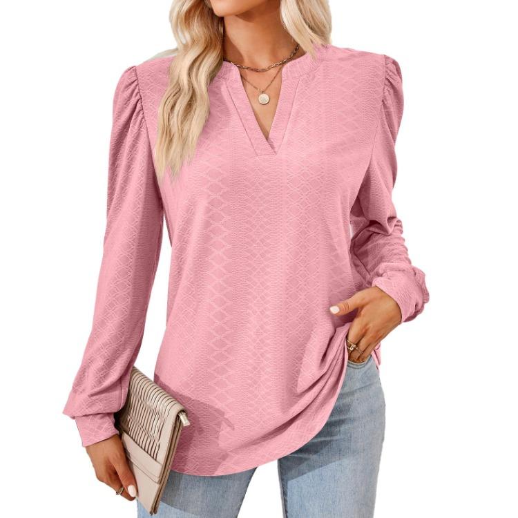 V-neck Long Sleeve T-shirt Women Loose Top Solid Jacquard Splice Design