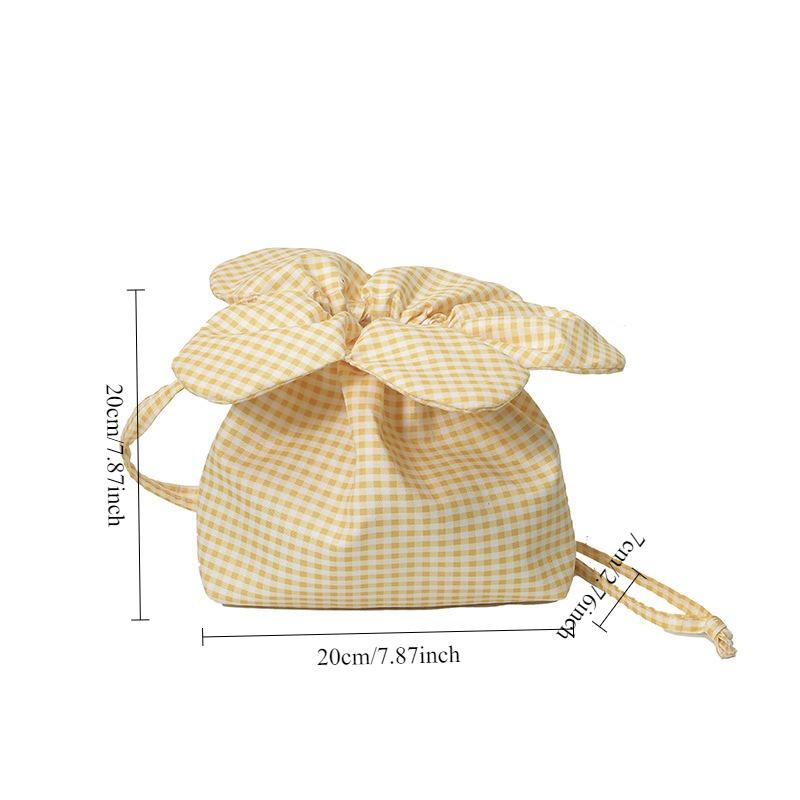 Korean Checkered Embroidered Flower Bag for Women, New Casual Drawstring Canvas Bag, Commuting Single Shoulder Crossbody Bags