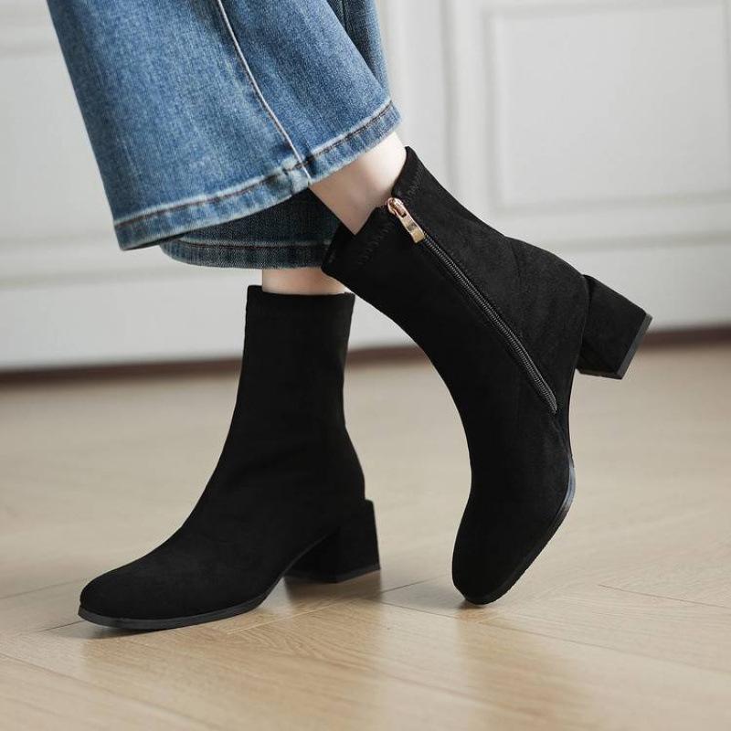 Autumn and Winter Side Zipper Medium Heel Large Size Women's Boots Solid Color Square Heel Round Head Suede Fashion Boots New Medium Boots Women