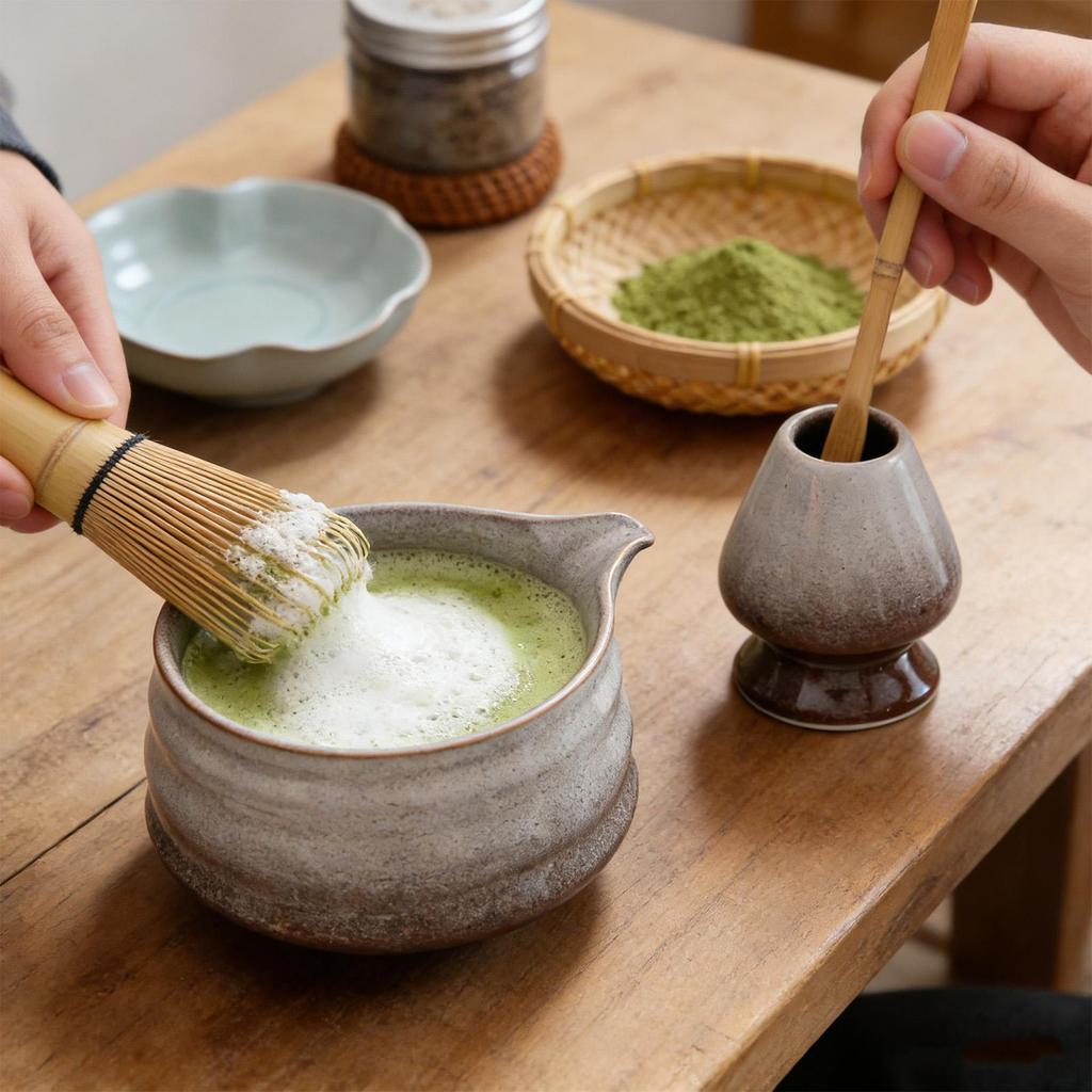 Ceramic Matcha Bowl with Whisk Holder Green Tea Cup Gift 500ml Pouring Spout Chawan for