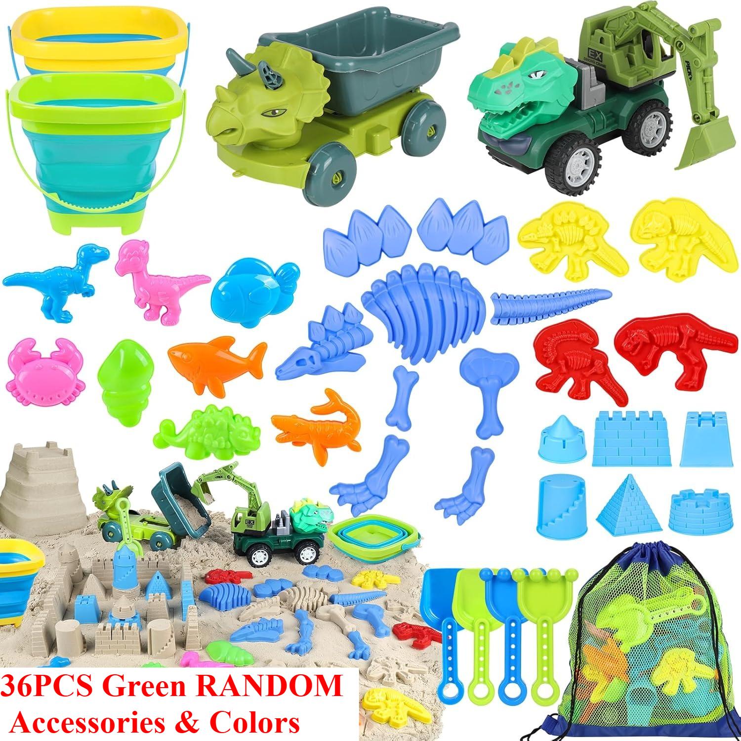 

Beach Toys Dinosaur Sand Toys For Kids Toddlers Sandbox Toys With Truck Collapsible Beach Bucket Mesh Bag Molds Sand Castle Kit