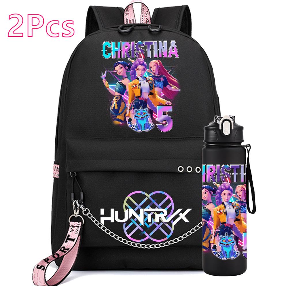 2Pcs/set Anime K-Pop Demon Hunters Printed Backpack with 750Ml Water Bottler for Teenager Girl Boy Large Capacity Waterproof Bookbag Gift