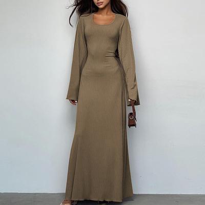 Women Dress U Neck Long Sleeve A-line Slim Fit Skinny Elastic Long Horn Sleeve Back Strap Lace Up Ankle Length Solid Color Maxi Dress
