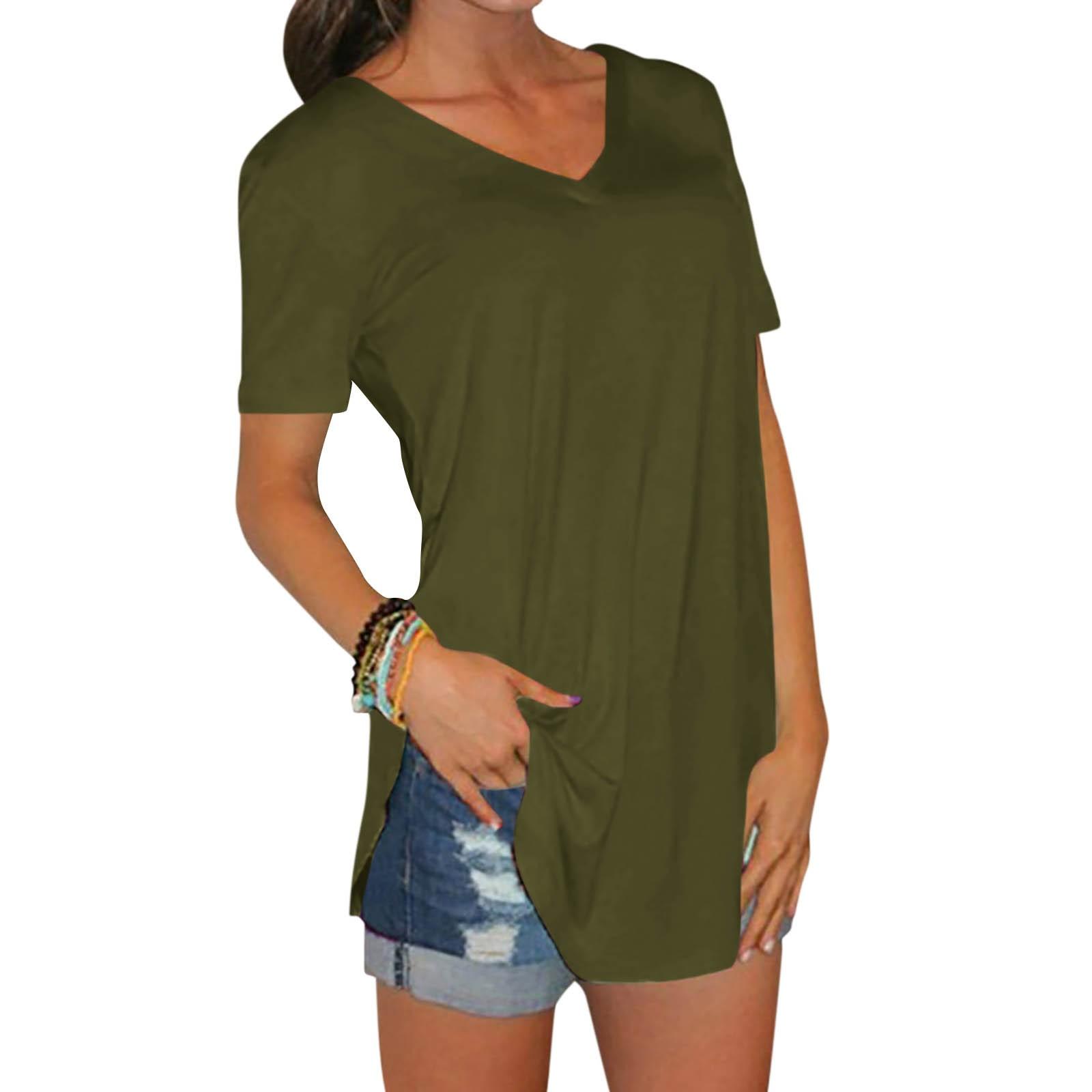 Womens Summer Tops Casual Short Sleeve V Neck T Shirts With Side Splits L