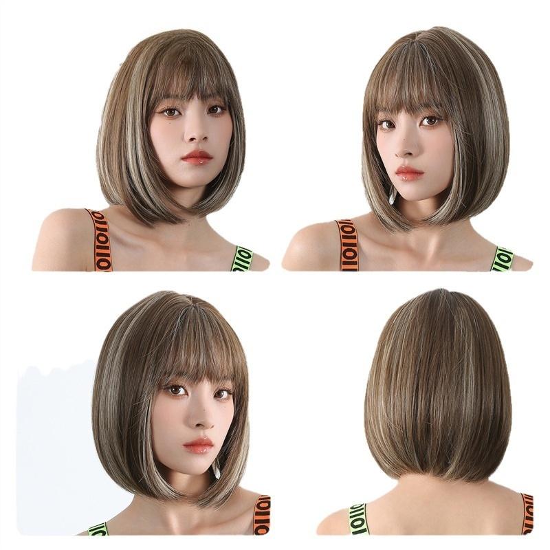 Synthetische Braune Gemischt Blonde Perücke für Frauen Natürliche Kurze Bob Perücke mit Seitenscheitel Natürlicher Haarschnitt Täglich Mutter Cosplay Halloween