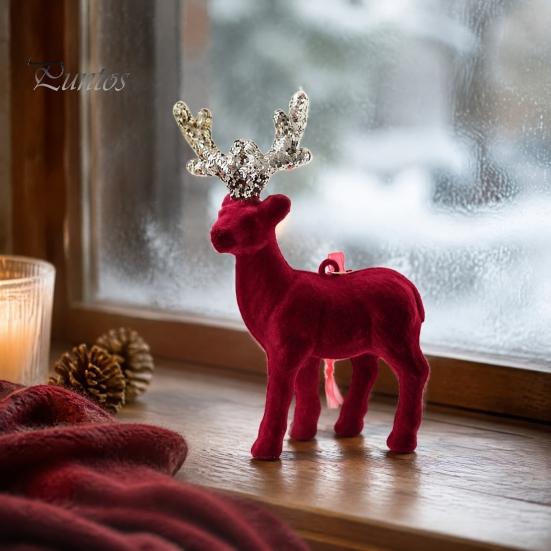 Indoor Christmas Party Supplies Flocking Elk Statue, Red Plush Reindeer Ornament, Cute Seated Window Hanging Display Standing Deer Sculpture for Wine