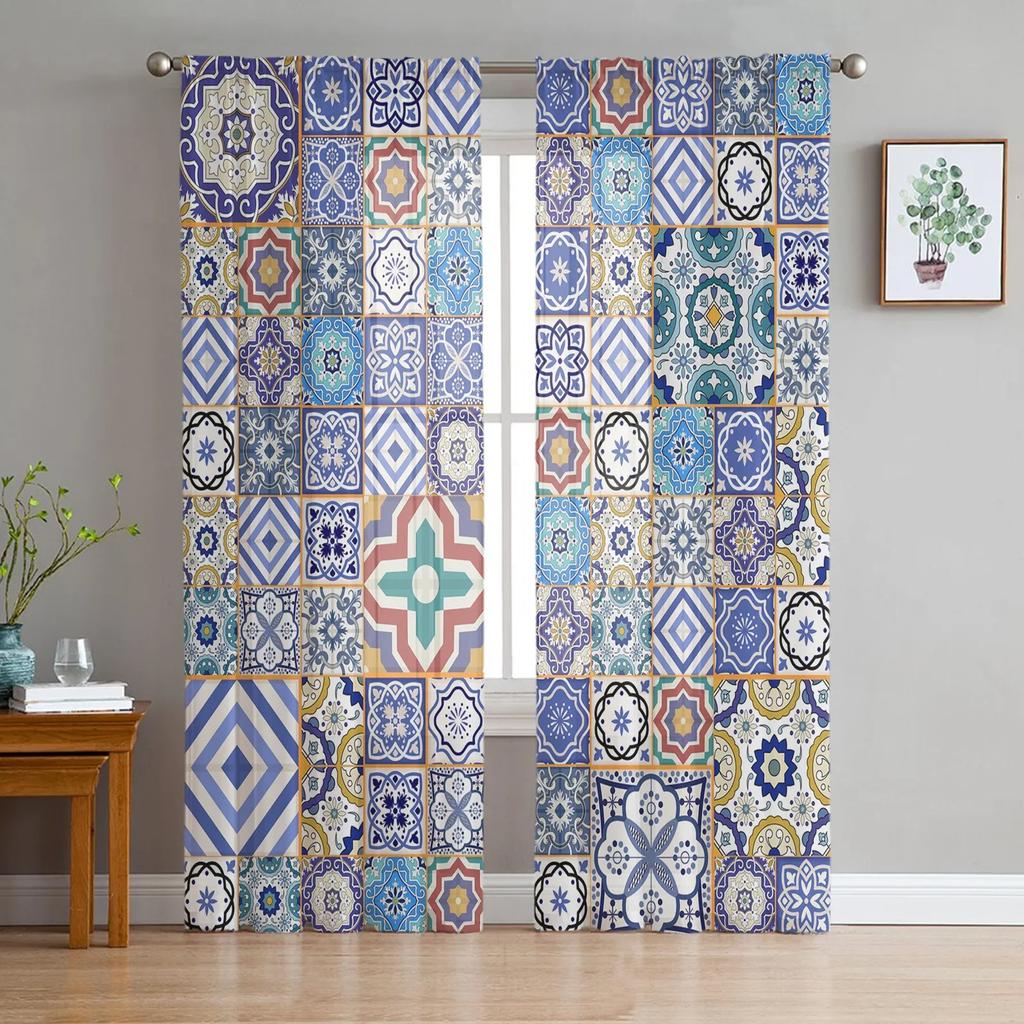 Moroccan Medieval Vintage Door Chiffon Sheer Curtains for Living Room Bedroom Home Decoration Window Voiles Tulle Drapes Curtain