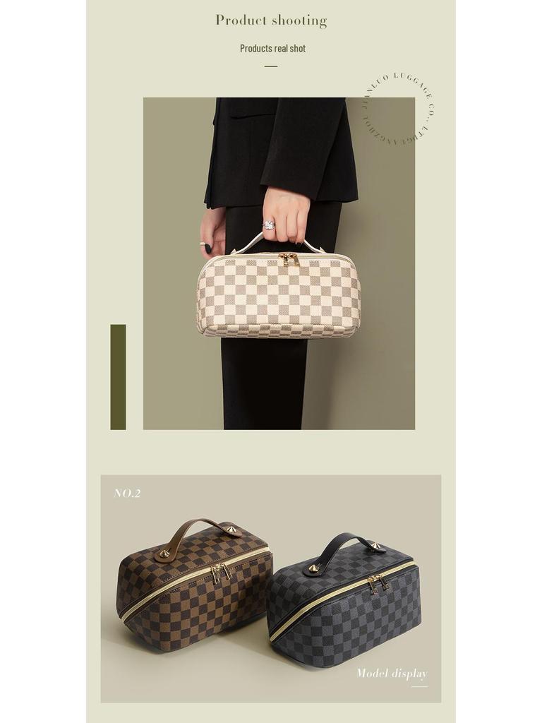 Plaid Monogram Large Capacity Makeup Bag - Convenient Handheld Storage