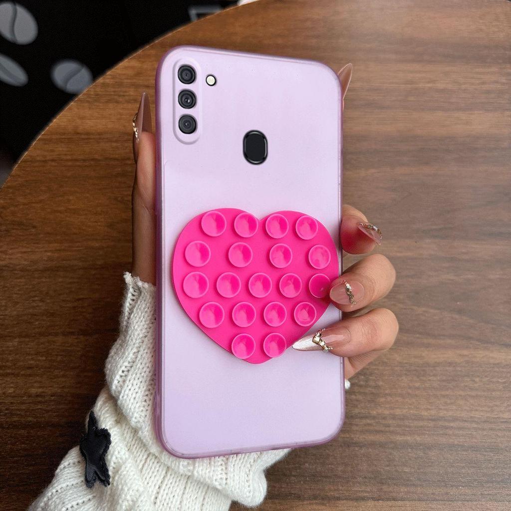 Heart Shape Suction Cup Phone Case for Samsung Galaxy A11 Semi Transparent Matte Shockproof Soft TPU Cover