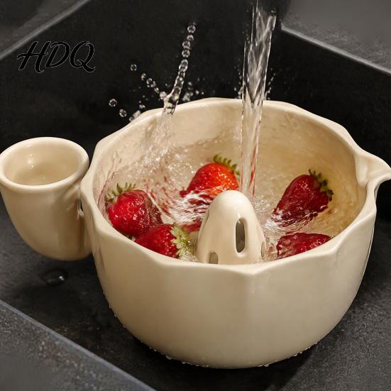 Decoratieve Keramische Serveerschaal Berry met Afvoergaatje Zelfspoelende Zeefschaal voor Druiven Vergiet Groente Fruit Wassen En Voedselbereiding