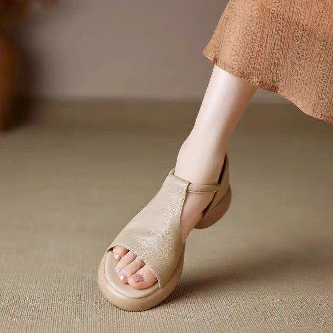 Huge Good-looking Soft Leather Soft-soled Retro Casual Open-toed Sandals Women's Summer Medium Heel Thick-soled Fish Mouth Roman Shoes Are Not Tired
