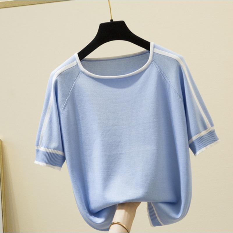 Casualowa cienka koszulka z dzianiny Letnie topy z krótkim rękawem Eleganckie ubrania damskie Modna koszulka w paski