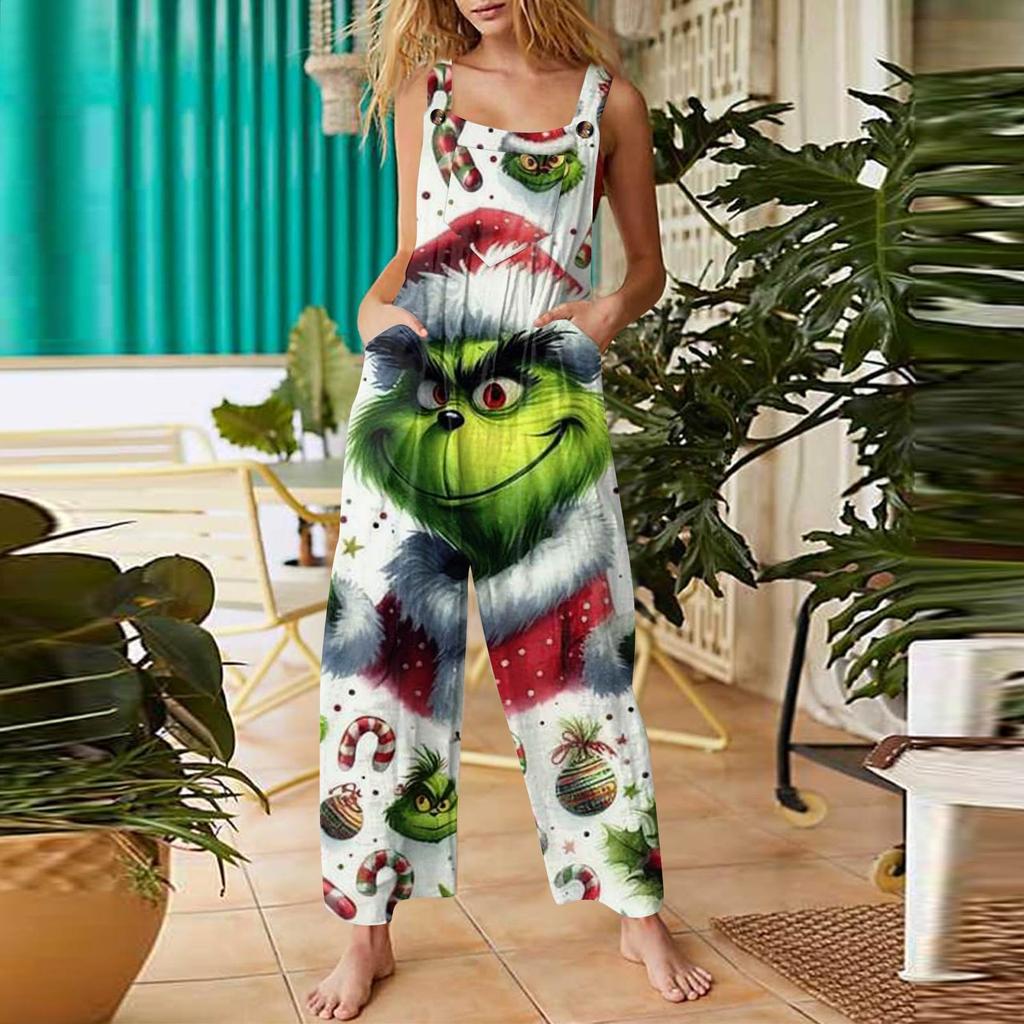 Women's Fashion Christmas  Print Casual Retro Sleeveless Button Jumpsuit