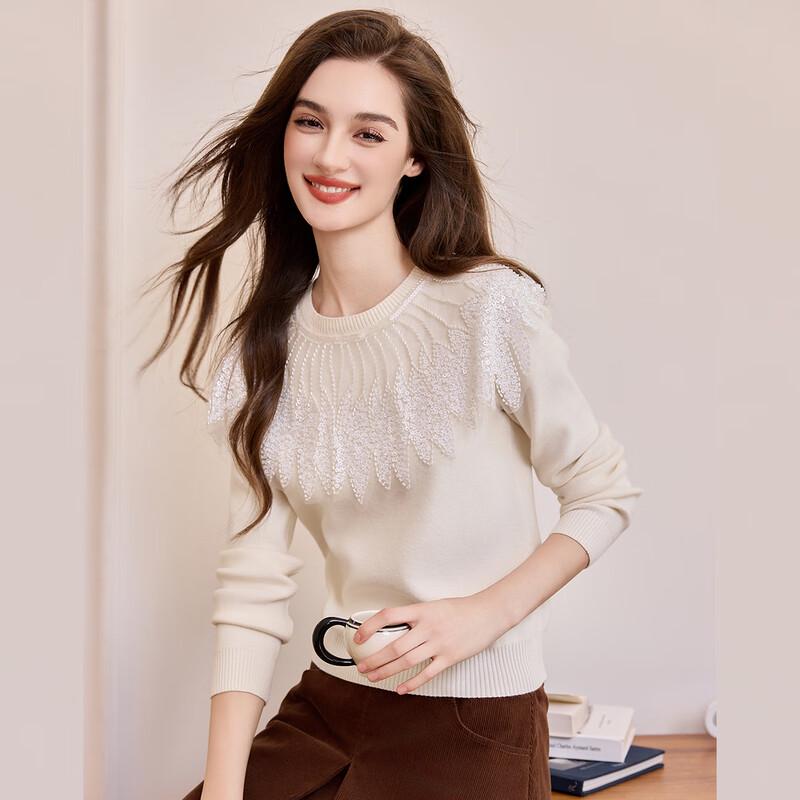 

Женский вязаный свитер с бисерным кружевом XL