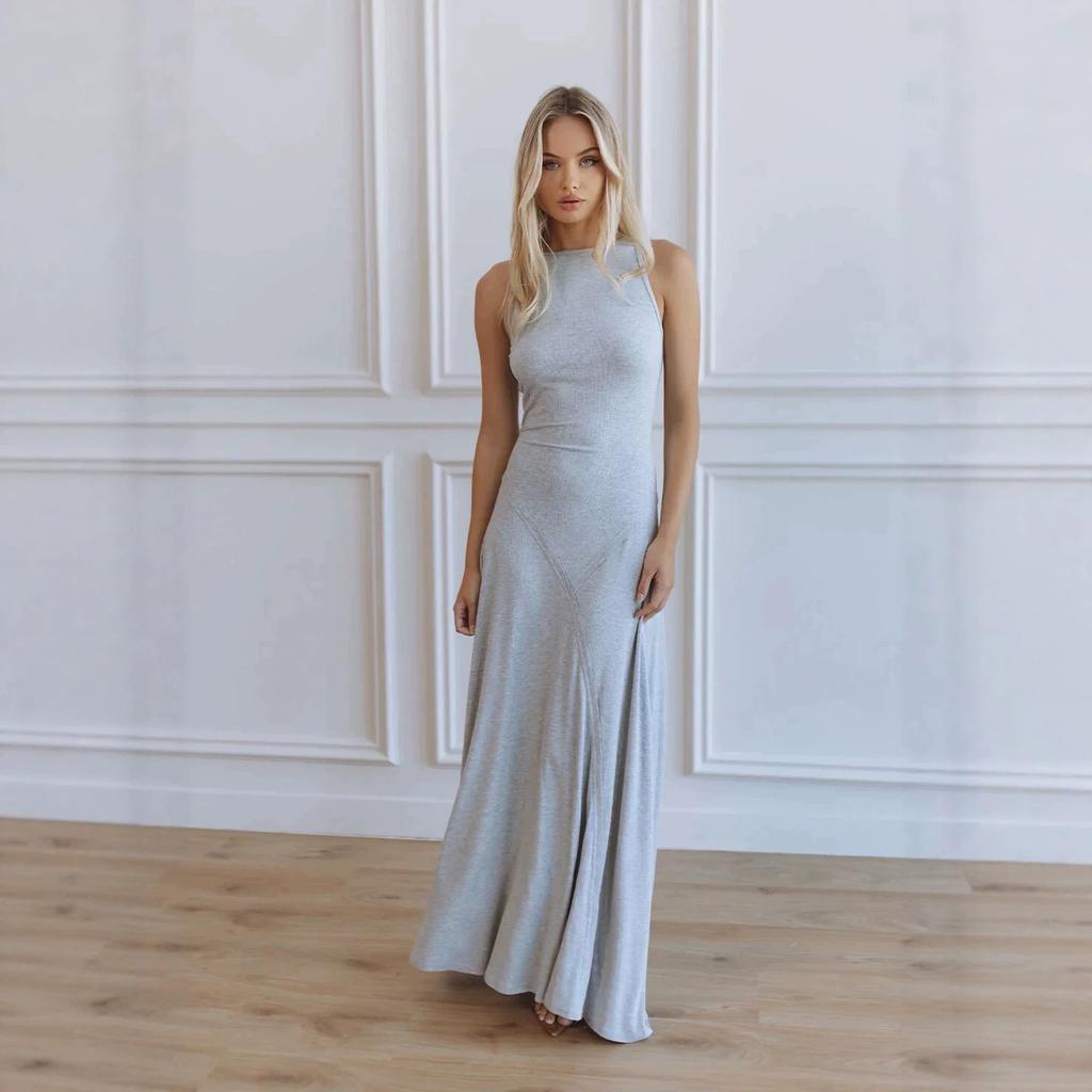 1011 Summer European and American New Knitted Casual and Comfortable Long Dress Sleeveless Solid Color Slim-fitting Temperament Dress