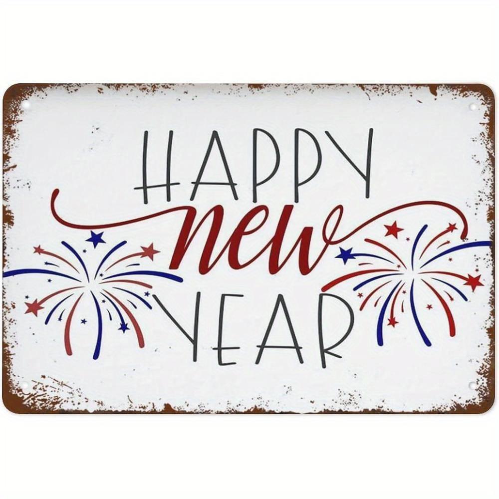 Vintage Happy New Year Metal Sign with Design Rustic Wall Decor for Home Cafe Office or Pub