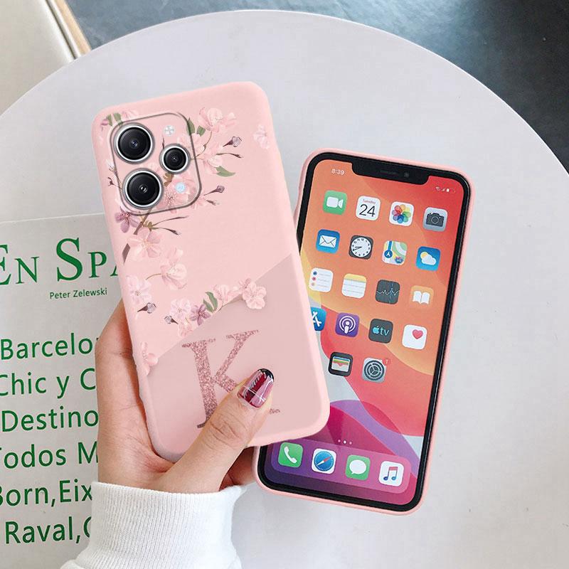 For Redmi 12 Note 14 Pro Phone Case Pink Flowers Initial Letter A To Z Silicone Soft Back Cover Alphabet Coque Shell Couple Capa