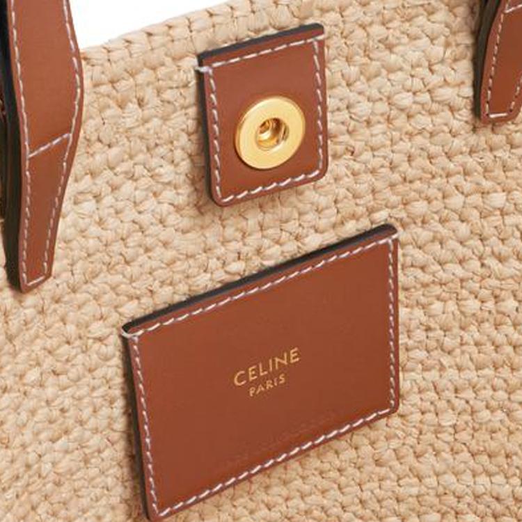 Celine Nano Geschmeidige Triomphe Logo Raffia und Kalbsleder Schulter-Tragetasche Damen Handtaschen Natürliches Braun 10M582DZ2-02NT