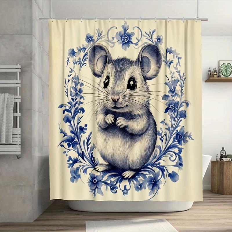 

1PC Cute Mouse Floral Shower Curtain, Durable Polyester, Easy Clean, with Hooks, Machine Washable, for Bathroom & Window Decor W90xH180cm