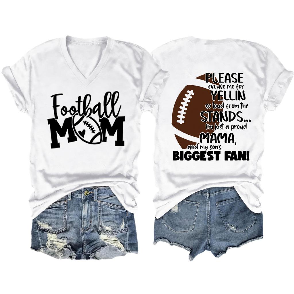 Summer new Vneck Tshirt Football Mom print loose casual shortsleeved top ladies all fashion pullover